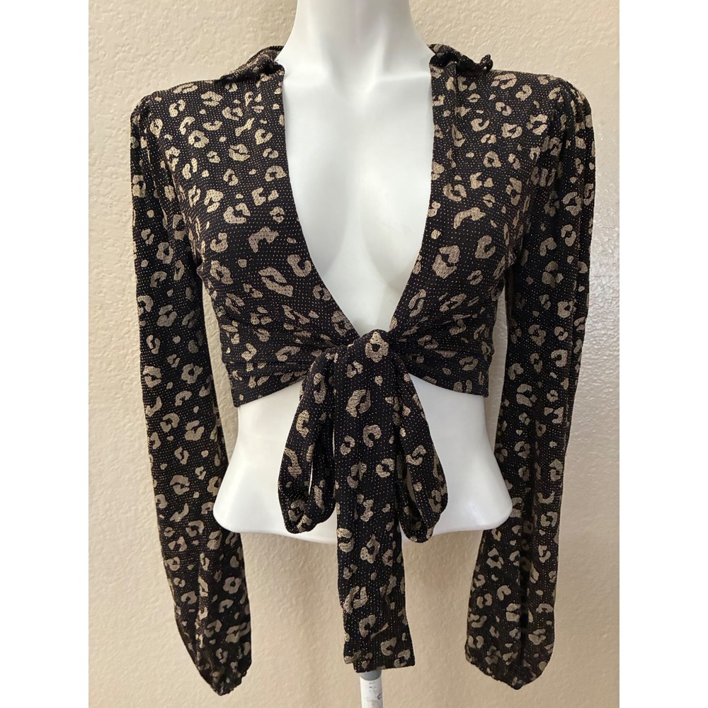 La Banga Leopard Print Tie Front Crop Top Gold Metallic Long Sleeve Blouse Small